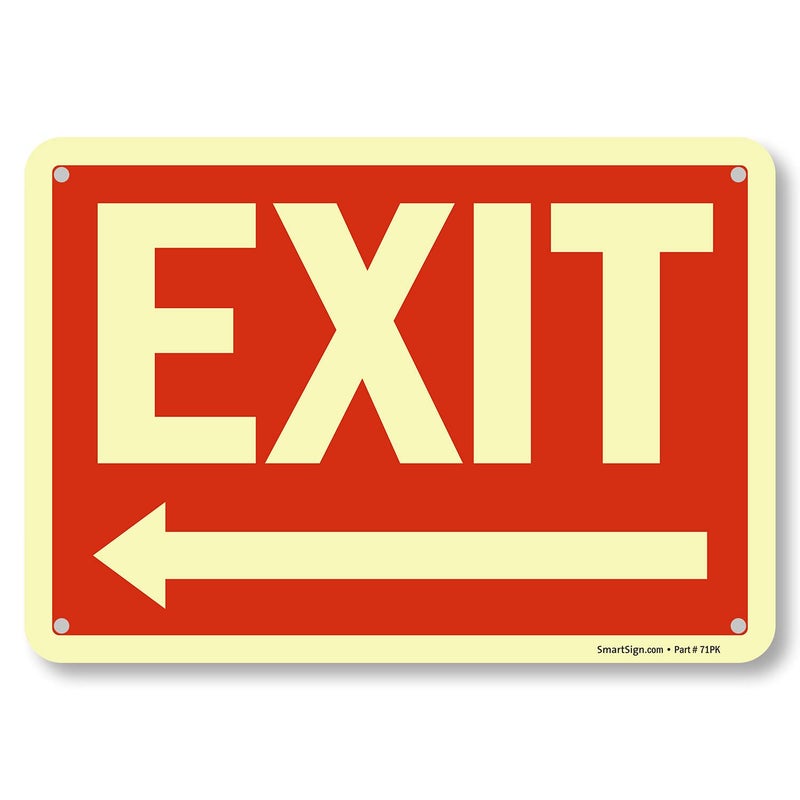 SmartSign "Exit" Sign with Left Arrow | 7" x 10" Glow-in-the-Dark Aluminum, Made in USA - Image 1